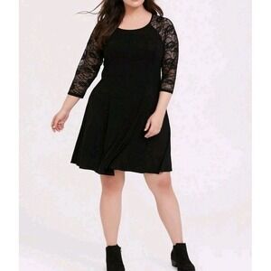 Torrid Raglan Jersey Skater Dress Womens 2X Black Lace Sleeve Scoop Neck NEW